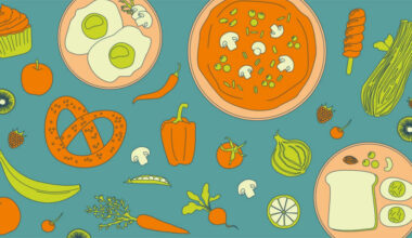 Illustration mit mehreren Lebensmitteln und Gerichten