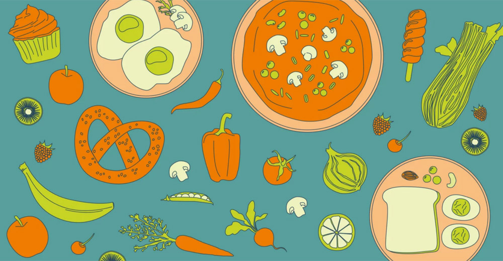 Illustration mit mehreren Lebensmitteln und Gerichten