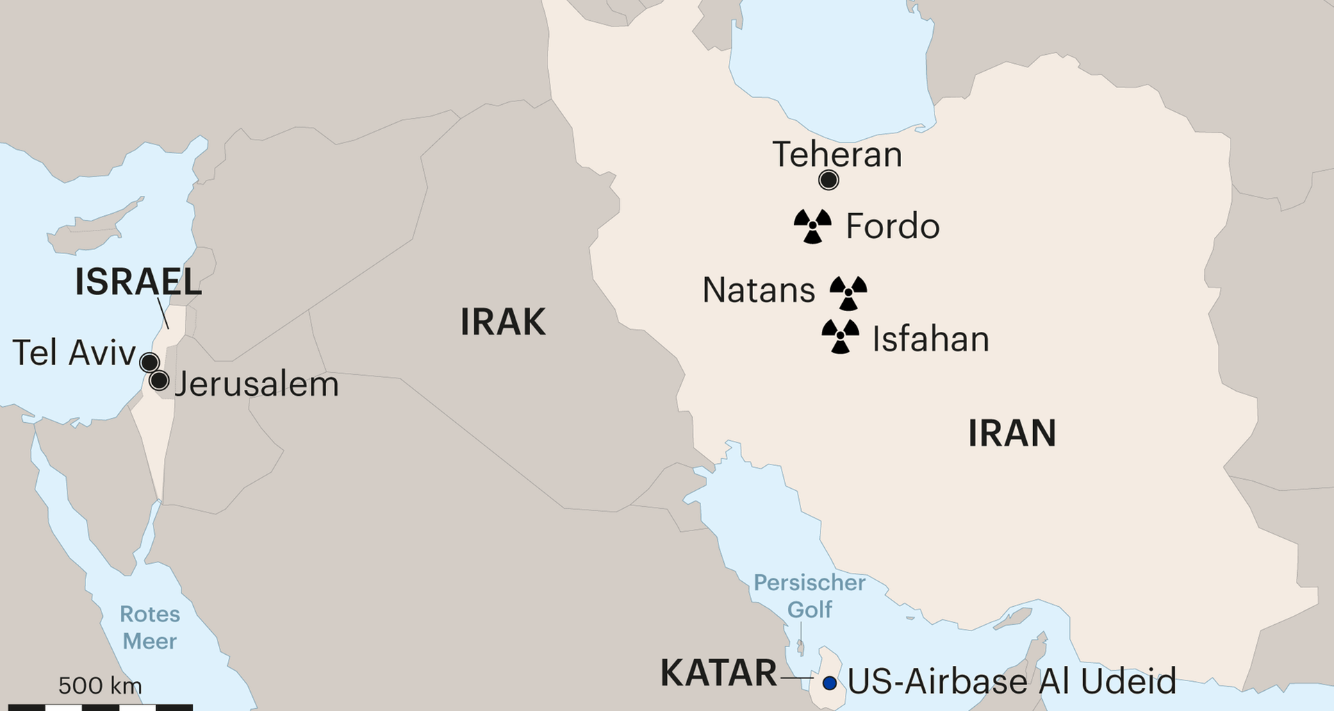 Eine Karte zeigt mehrere Staaten im Nahen Osten. Eingezeichnet sind zudem die iranischen Atomanlagen Fordo, Natans und Isfahan.