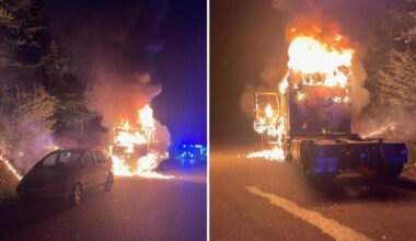 Brand auf der A8 bei Stuttgart: Lastwagen brennt in der Nacht