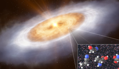 Eine künstlerische Darstellung einer protoplanetaren Scheibe um einen jungen Stern im Weltraum. Die Scheibe leuchtet in warmen Gelb- und Orangetönen, umgeben von einem nebligen, weißen Ring. Ein vergrößerter Ausschnitt zeigt chemische Strukturen, die auf das Vorhandensein komplexer Moleküle hinweisen. Der Hintergrund ist mit Sternen übersät. Schlüsselwörter: protoplanetare Scheibe, junger Stern, chemische Strukturen, Weltraum.