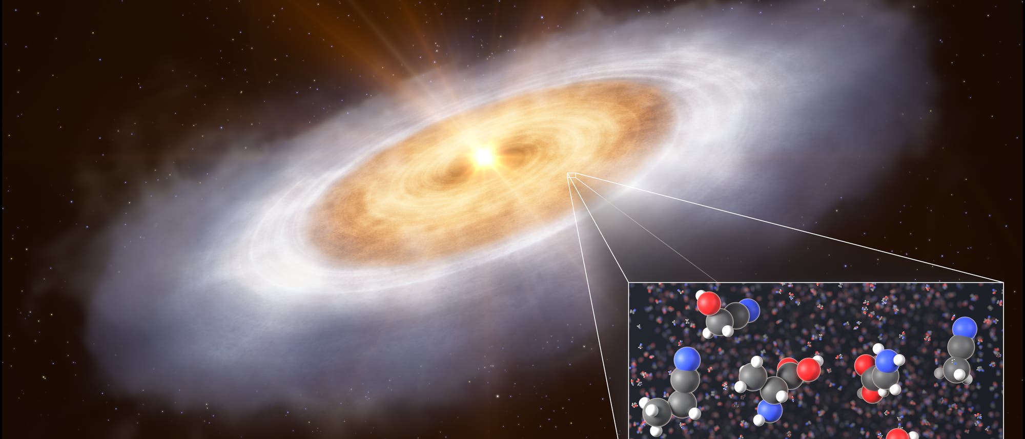 Eine künstlerische Darstellung einer protoplanetaren Scheibe um einen jungen Stern im Weltraum. Die Scheibe leuchtet in warmen Gelb- und Orangetönen, umgeben von einem nebligen, weißen Ring. Ein vergrößerter Ausschnitt zeigt chemische Strukturen, die auf das Vorhandensein komplexer Moleküle hinweisen. Der Hintergrund ist mit Sternen übersät. Schlüsselwörter: protoplanetare Scheibe, junger Stern, chemische Strukturen, Weltraum.