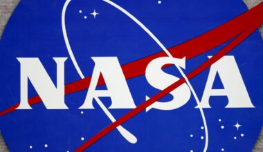 Das Logo der NASA: Ein weißer Schriftzug inmitten eines blauen Universums mit symbolhaft dargestellten Sternen
