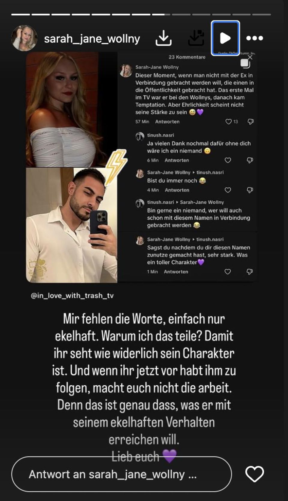 Sarah-Jane Wollny ließ ihre Instagram-Follower:innen wissen, was sie mittlerweile von ihrem Ex hält.