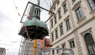 Die Kuppel des Augsburger Perlachturms befindet sich jetzt in ihrem Ausweich-Quartier
