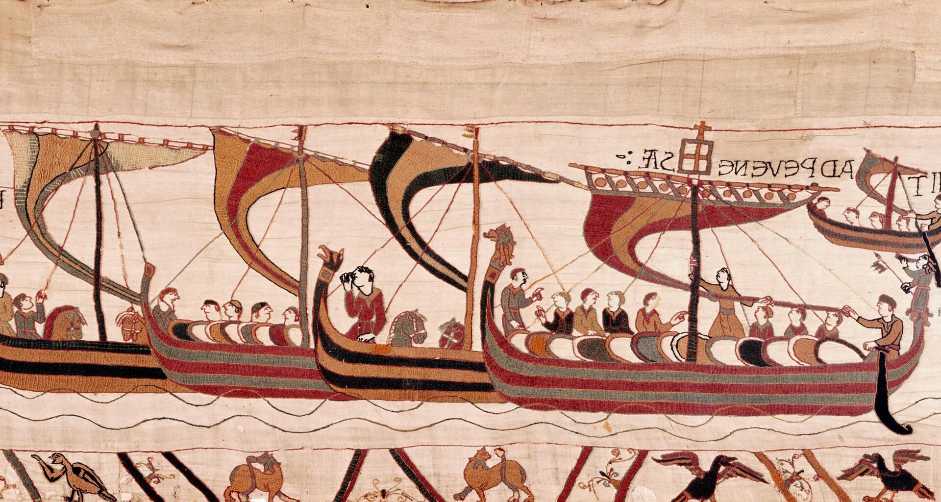 Detail aus dem Teppich von Bayeux: Der Normannenherzog Wilhelm und sein Heer bei der Überfahrt nach England im September 1066. (Quelle: picture alliance)