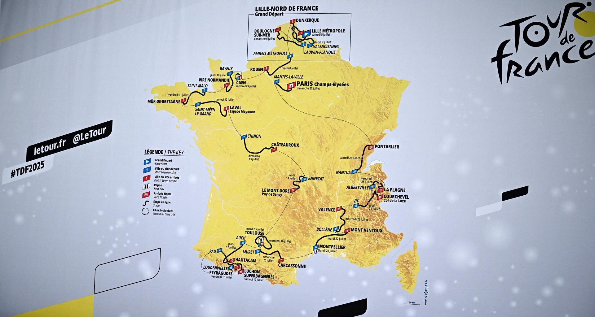 Die offizielle Route der Tour de France 2025 auf einer Karte.