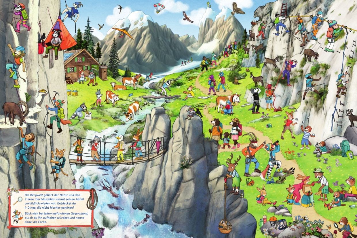 Viel zu entdecken, viel zu erleben: „Mein Sport-Wimmelbuch“ führt auch in die Berge.
