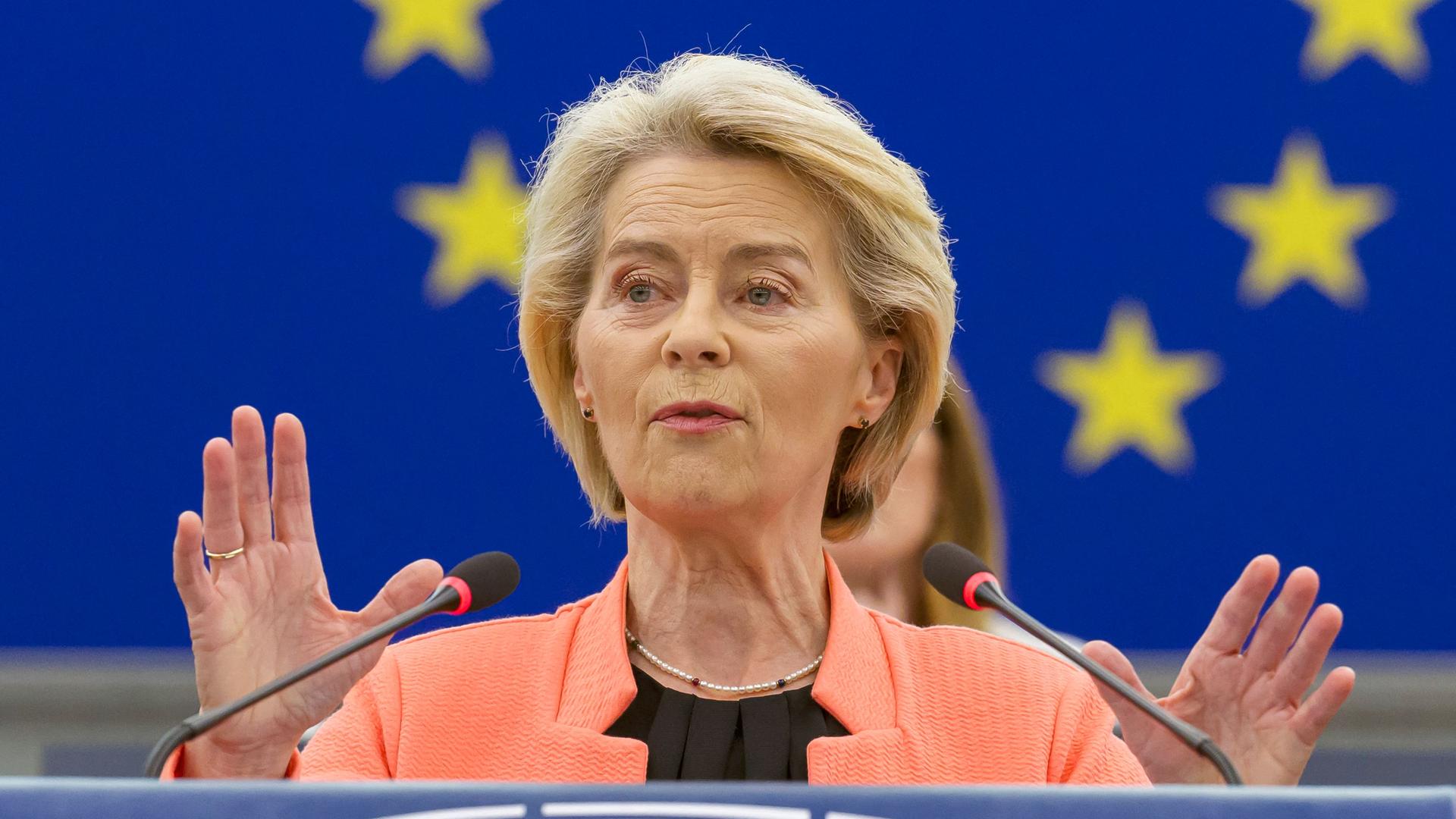 Von der Leyen spricht und gestikuliert.