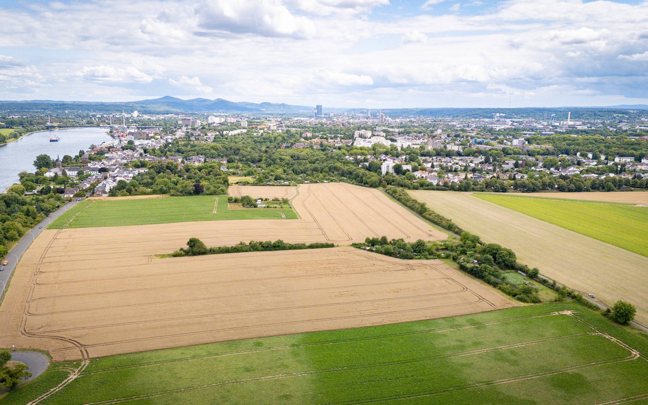Die sogenannten Rheingärten – Freiräume im Bonner Norden: Hinter den landwirtschaftlich genutzten Flächen sind die Ortsteile Graurheindorf (links) und Auerberg (rechts) zu sehen.
