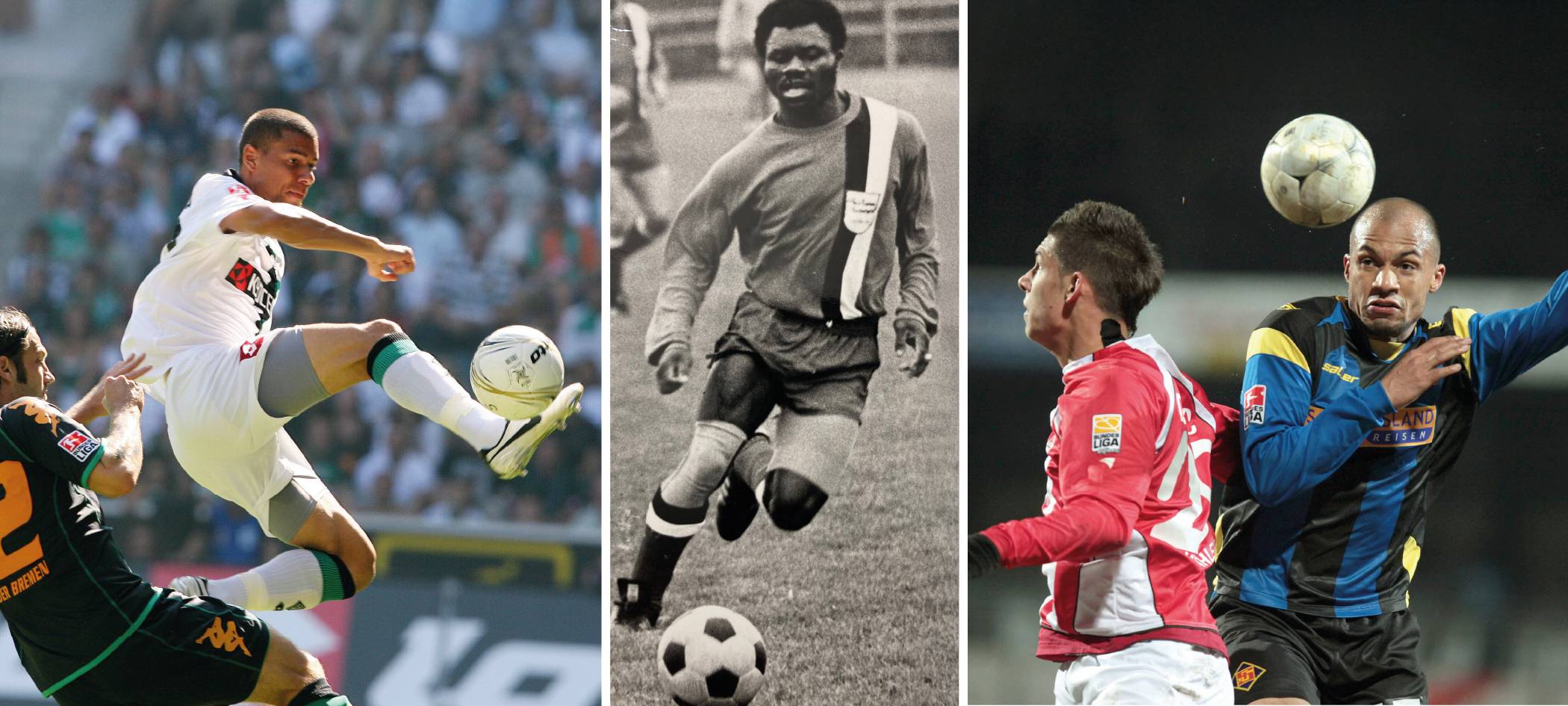 Voller Einsatz: Marcel (Bild links) und Dominique Ndjeng (Bild rechts) in ihrer Zeit als Fußball-Profis. Vater Alexandre (Mitte) war einst eine feste Größe beim SC Fortuna Bonn.