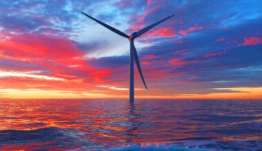 Illustration von der Haliade-X Windturbine von GE, die über dem Meer emporragt. Bild durch KI generiert.