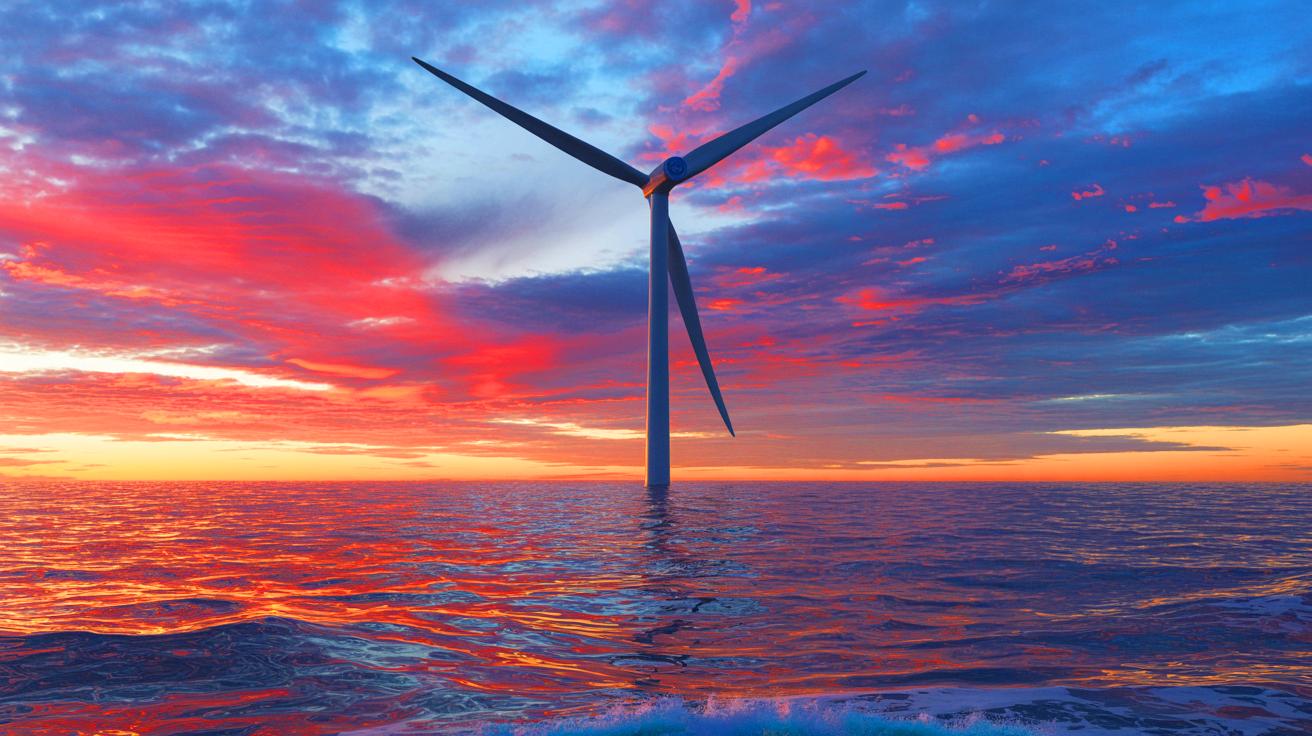Illustration von der Haliade-X Windturbine von GE, die über dem Meer emporragt. Bild durch KI generiert.