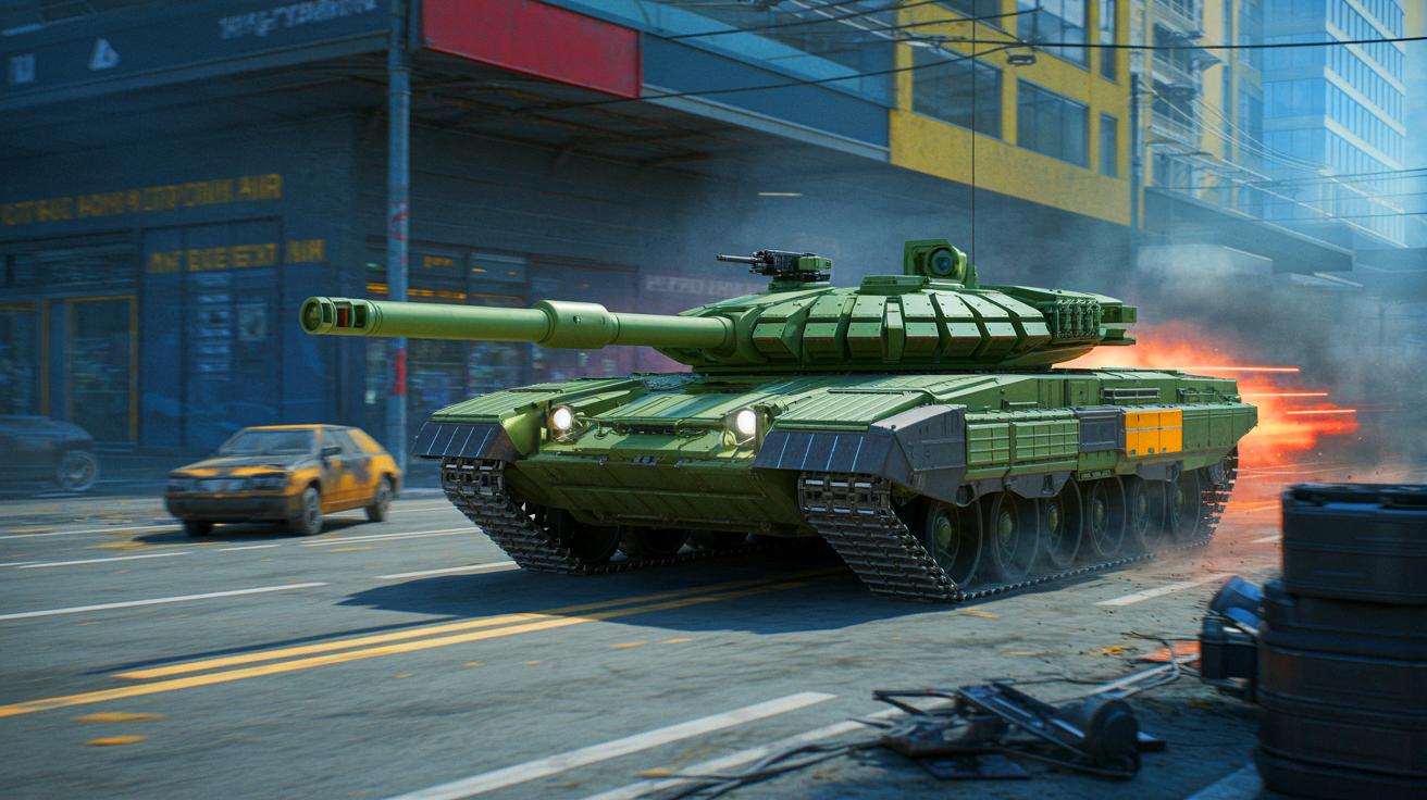 Illustration von Russlands autonomem Shturm-Bodenkampfsystem in urbaner Umgebung.