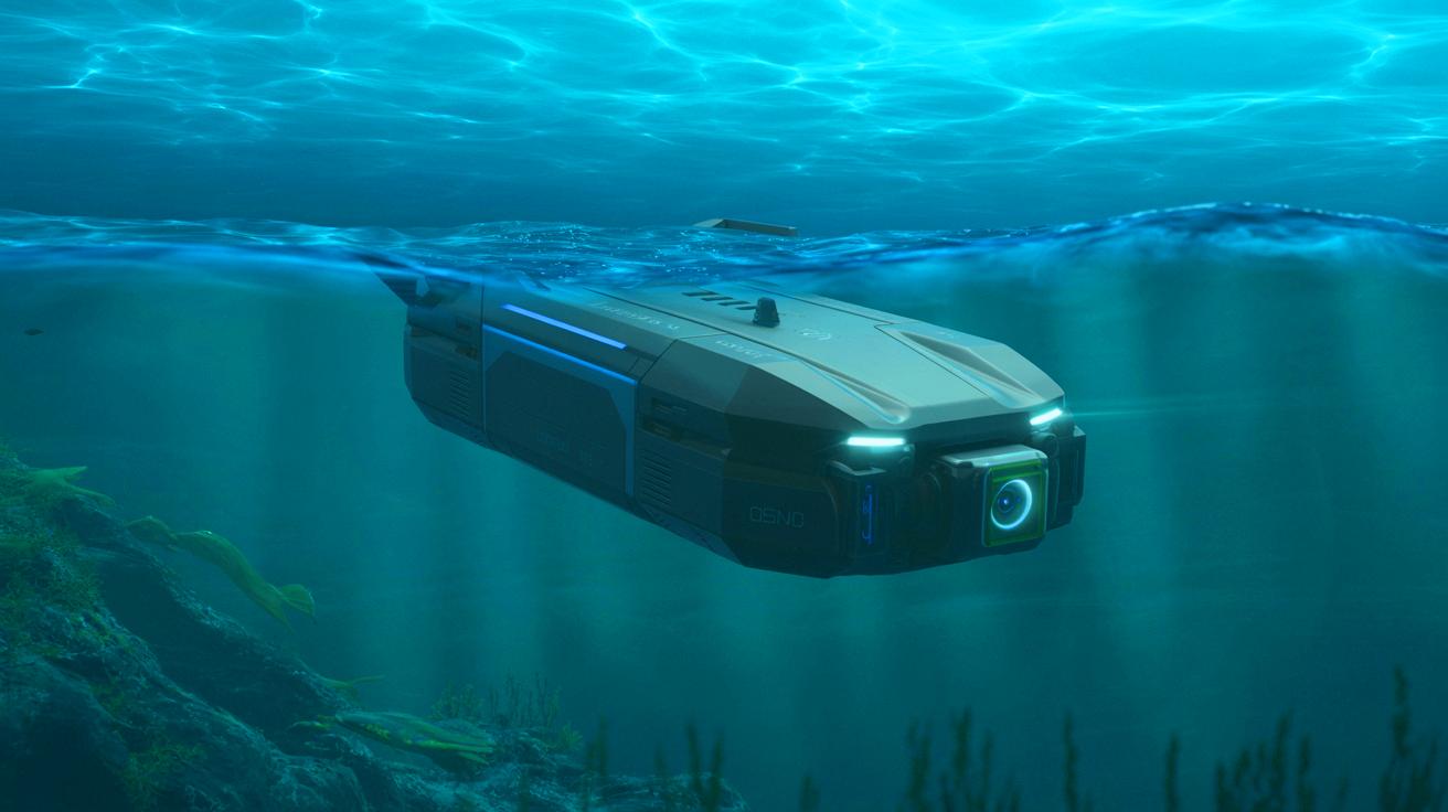 Illustration von der SG-1 Fathom Unterwasserdrohne der britischen Royal Navy im Einsatz gegen russische U-Boot-Bedrohungen, erstellt mit künstlicher Intelligenz.