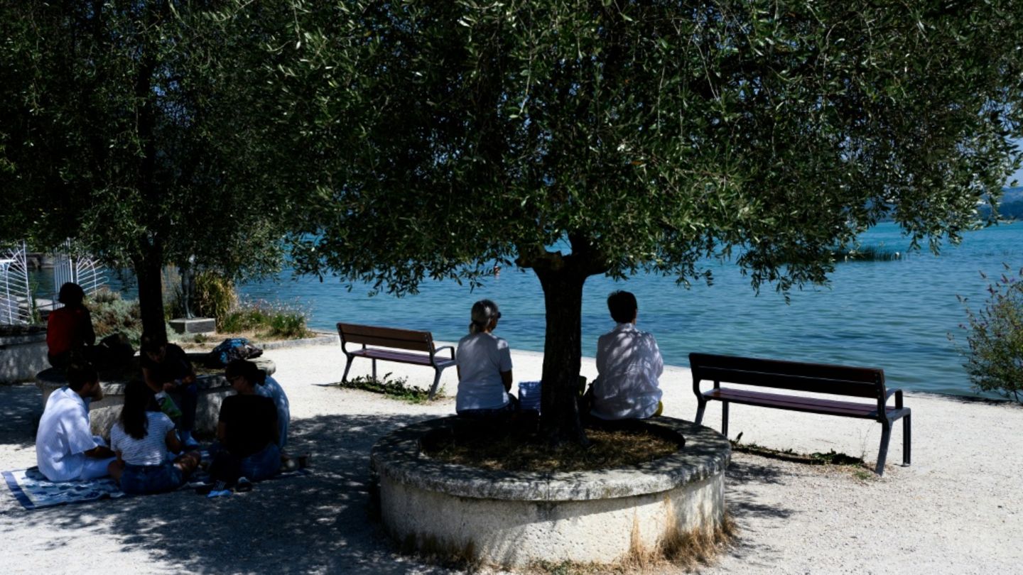 Menschen suchen in Le Bourget-du-Lac unter einem Baum Schatten