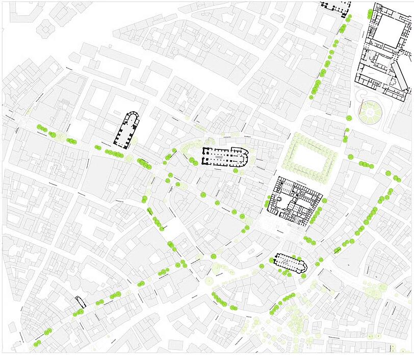 Die dunkelgrünen Kreise zeigen die Standorte, wo ein Baum hin soll. Zum Beispiel: in die Sendlinger Straße und neben das Rathaus.