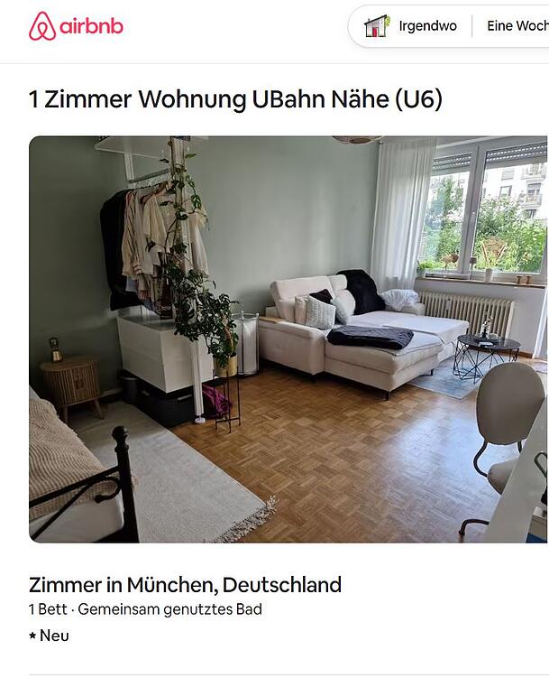 "Wir schlafen in einem Raum", schreibt die Anbieterin zur Wohnmöglichkeit mit ihr zusammen in einem Einzimmerapartment: Das soll 120,30 Euro die Nacht kosten – auf dem Sofa.