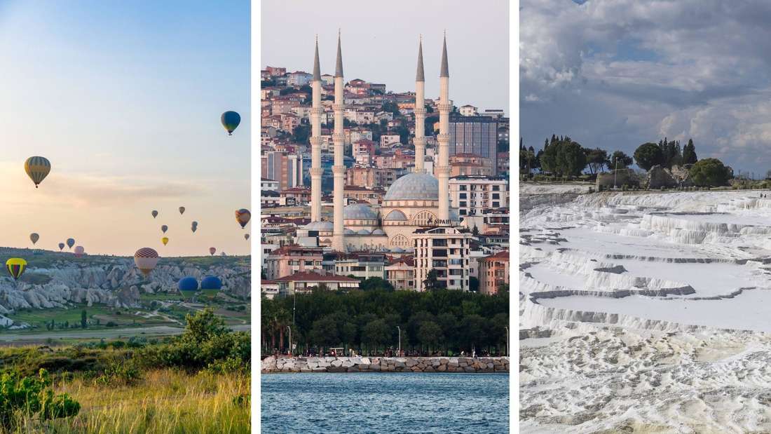 Dreierbild: Kappadokien, Istanbul und Pamukkale. (Montage)