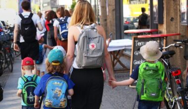 Eine Erzieherin geht in Berlin mit Kindern aus einer Kita auf einem Bürgersteig. (Quelle: dpa/Wolfram Steinberg)