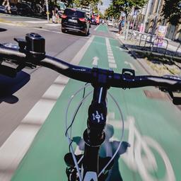 Fahrt mit dem Fahrrauf auf einem Radstreifen in Steglitz in Berlin (Quelle: dpa/Florian Gaertner)
