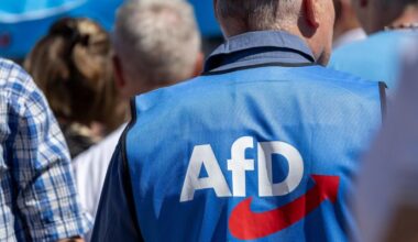 Symbolbild: Mann mit AfD-Weste auf einer Kundgebung. (Quelle: dpa/Hermann)