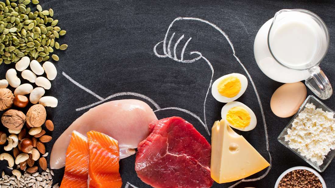 High protein food for body builders as meat, fish, dairy, eggs, buckwheat, oatmeal, nuts, bean, pump Superfood Vitamine