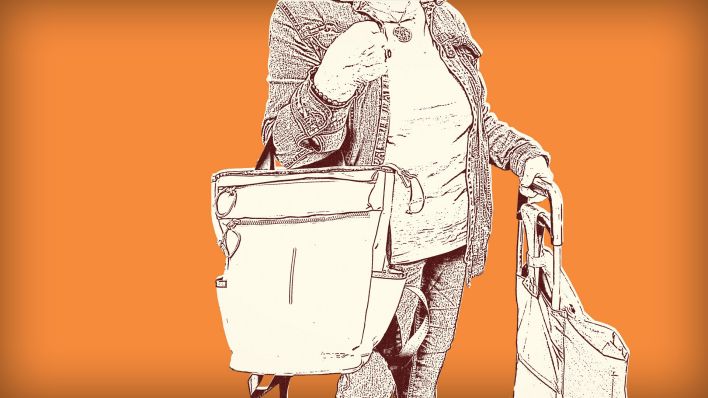 Grafik:Eine Person hält eine Tasche und einen Einkaufstrolley in den Händen.(Quelle:rbb)