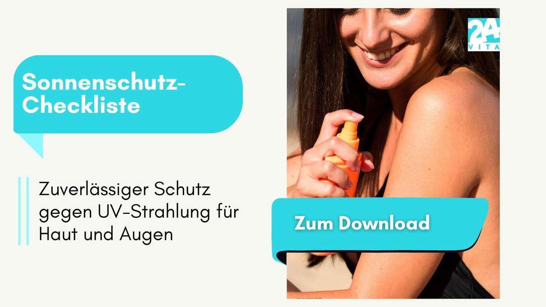 Zusammenschnitt Sonnenschutz-Checkliste und Download-Button. 