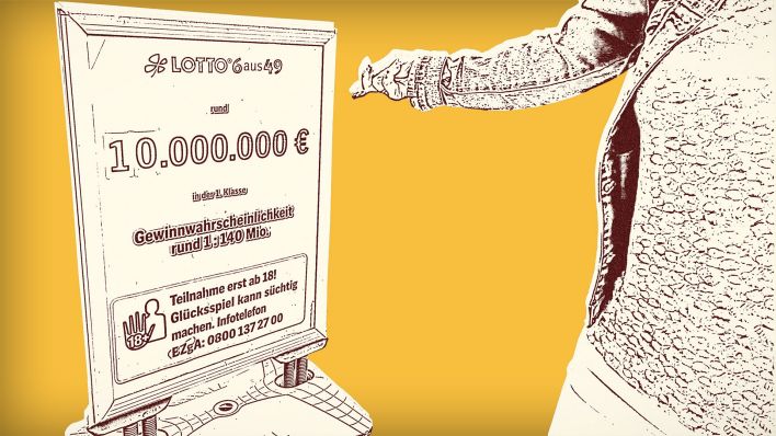 Grafik:Eine Person zeigt auf eine Lottoreklame.(Quelle:rbb)