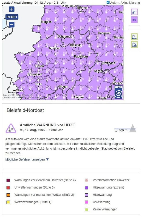 Die Hitzeentwicklung, dargestellt vom Deutschen Wetterdienst. - © Screenshot: DWD/imü