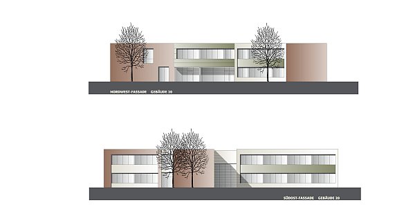 Auch der Hauptbau der ehemaligen Hauptschule wird saniert, aufgestockt, mit Verbindungsbrücken versehen. Die Fassade erhält nach der Dämmung wieder eine rötliche Riemchen-Optik, dazu gibt es Metall-Fassadenelemente. - © Büro Rimkeit & Wendler