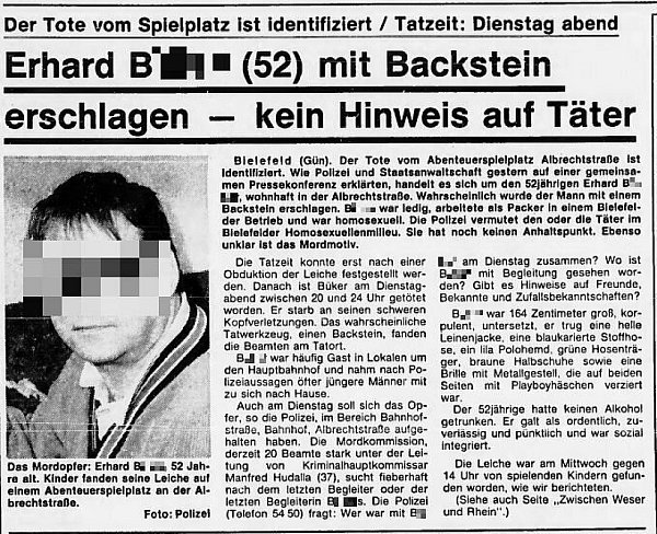 Am 23. März 1990 berichtet die NW über den Mordfall Erhard Bücker - bis heute fehlt jede Spur vom Täter. Das Foto und der Nachname des Opfers wurden nachträglich unkenntlich gemacht. - © NW-Archiv