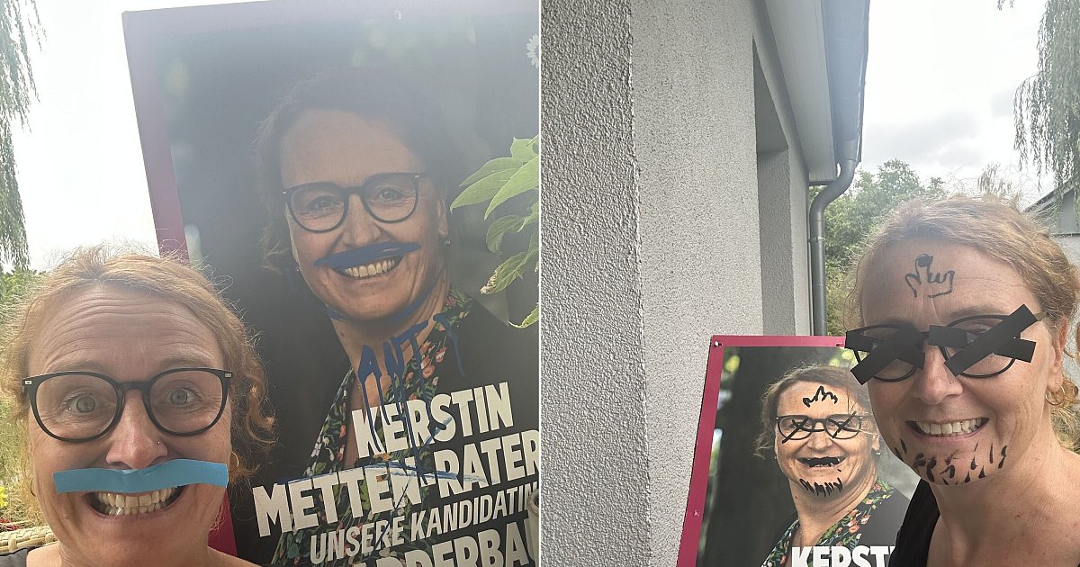 Bielefelder Politikerin mit Humor stellt ihre beschmierten Wahlplakate nach