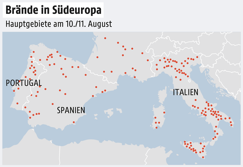 Die Karte zeigt die Hauptgebiete von Bränden in Südeuropa am 10. und 11. August. Besonders viele Brandherde liegen in Italien, gefolgt von Spanien und Portugal. 