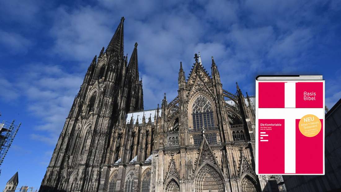 Der Kölner Dom, Südseite mit Roncalliplatz und Cover der Bibel