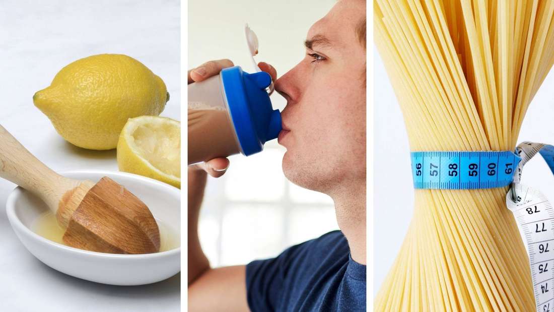 Montage dreigeteilt: Zitronen und Zitronenwasser, Mann trinkt Proteinshake, Spaghetti mit Maßband.