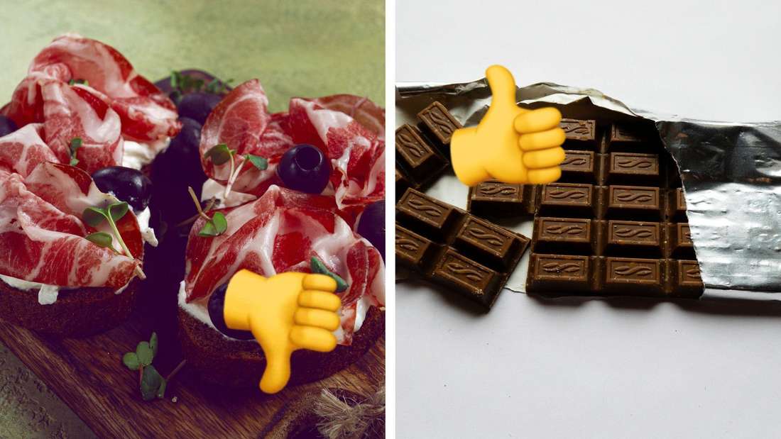 Links fetthaltiger Schinken und rechts dunkle Schokolade. 