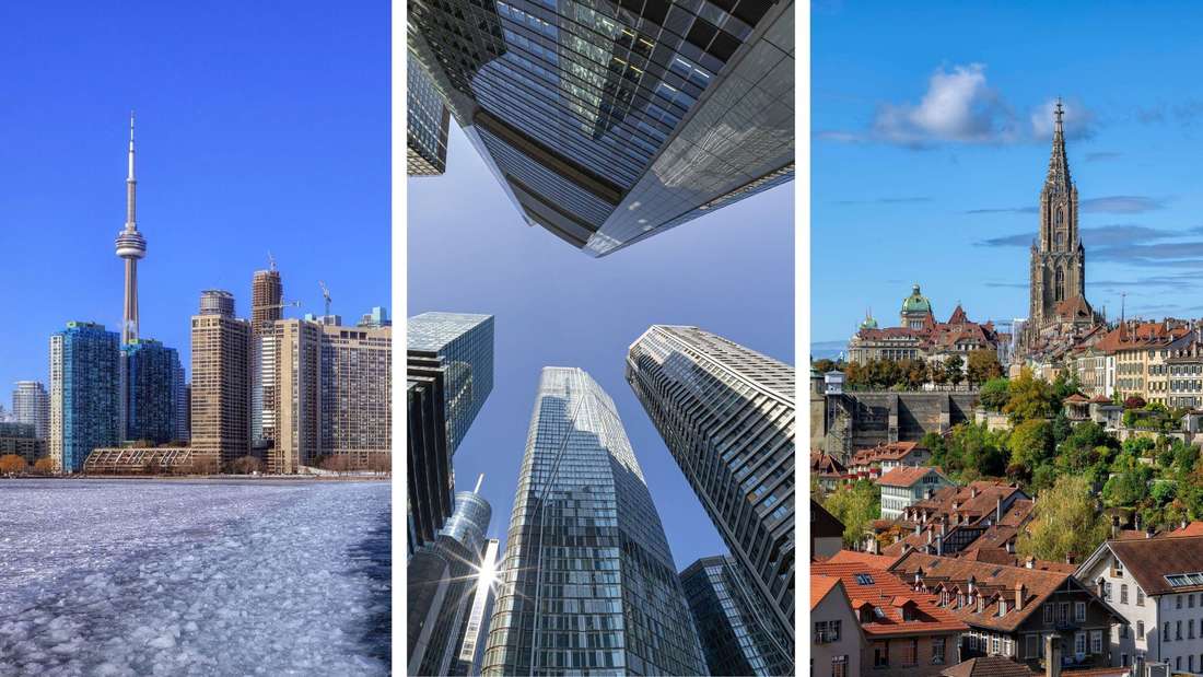 Foto-Montage Städte mit der höchsten Lebensqualität, Toronto (l.), Frankfurt (m.), Bern (r.)