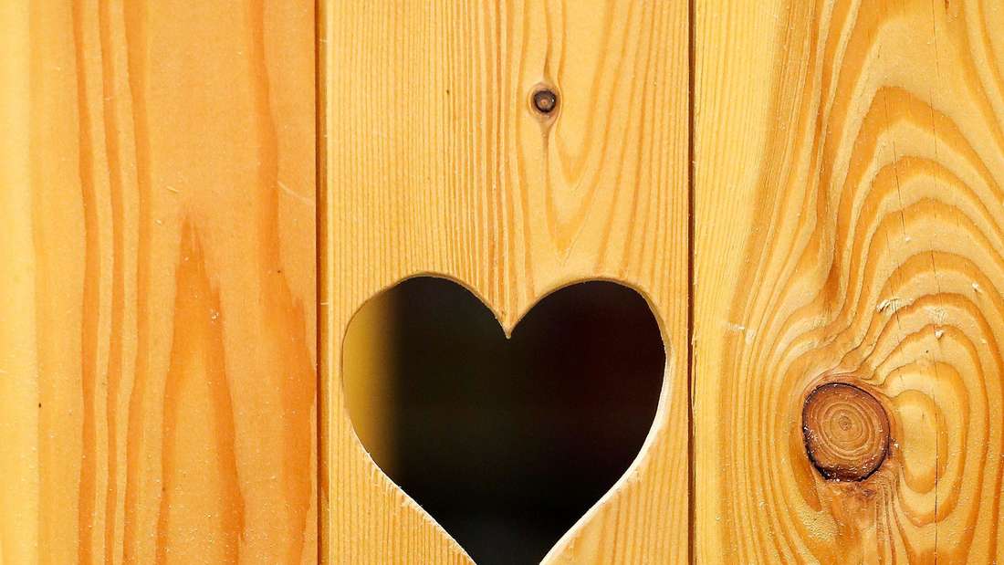 Die Tür eines Toilettenhäuschens mit herzförmigen Loch im Holz