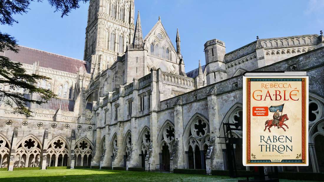 Die Kathedrale von Winchester und das Cover von „Rabenthron“ von Rebecca Gablé