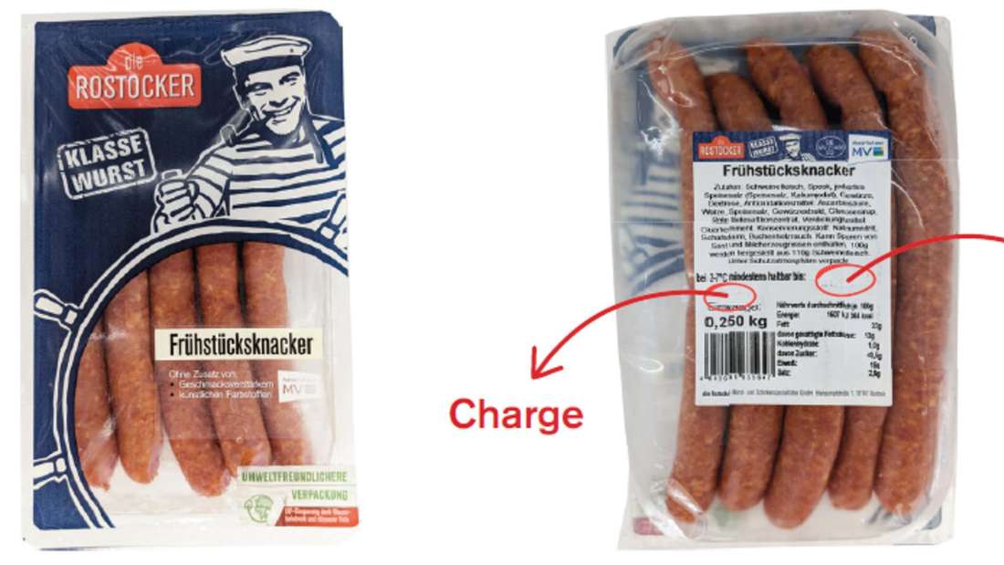 Zwei Wurstpackungen, einmal die Vorderseite, einmal die Rückseite