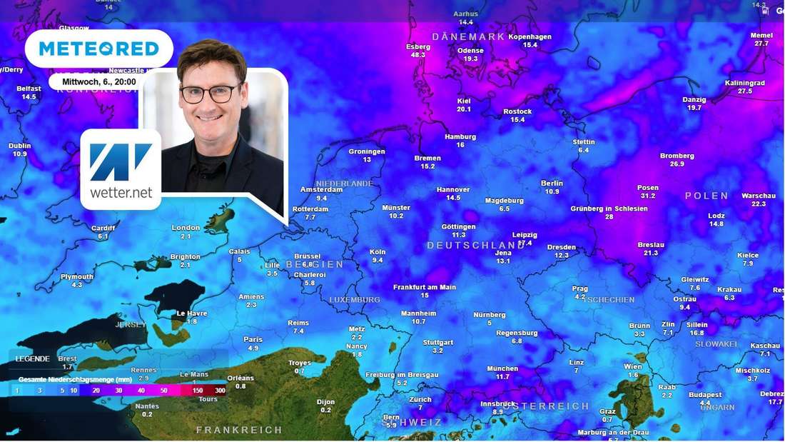 Die Regensummen bis Mittwoch (6. August) in Deutschland.