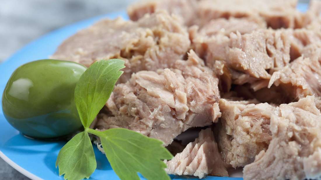 Ein Teller mit Thunfischfilets und einer grünen Olive
