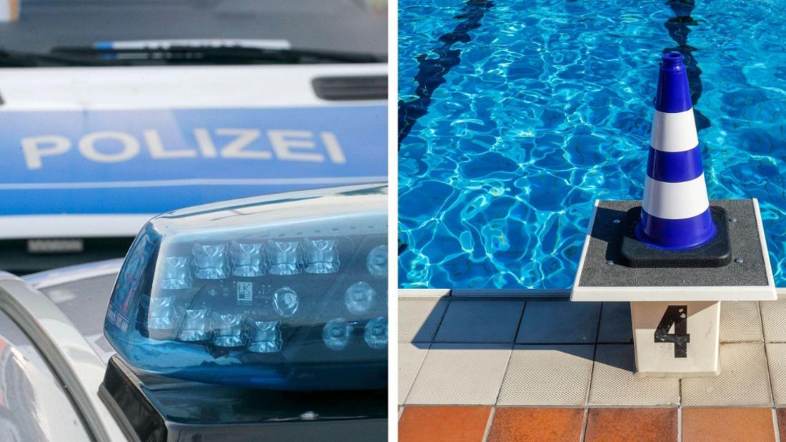Fotomontage eines Polizei-Blaulichts und eines Freibad-Startblocks