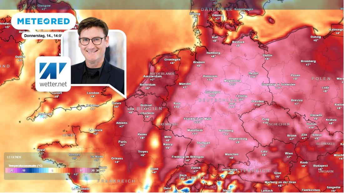 Die Wetterkarte zeigt die Temperaturanomalie am Donnerstag (14. August) in Deutschland. 