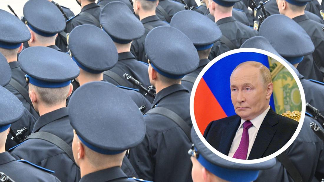 Bildmontage aus Wladimir Putin und russischen Soldaten.