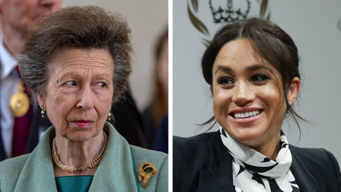 Links Prinzessin Anne bei der Wiedereröffnungsfeier des restaurierten Porte de Menin im Juli 2025, rechts Meghan Markle 2019 in London.