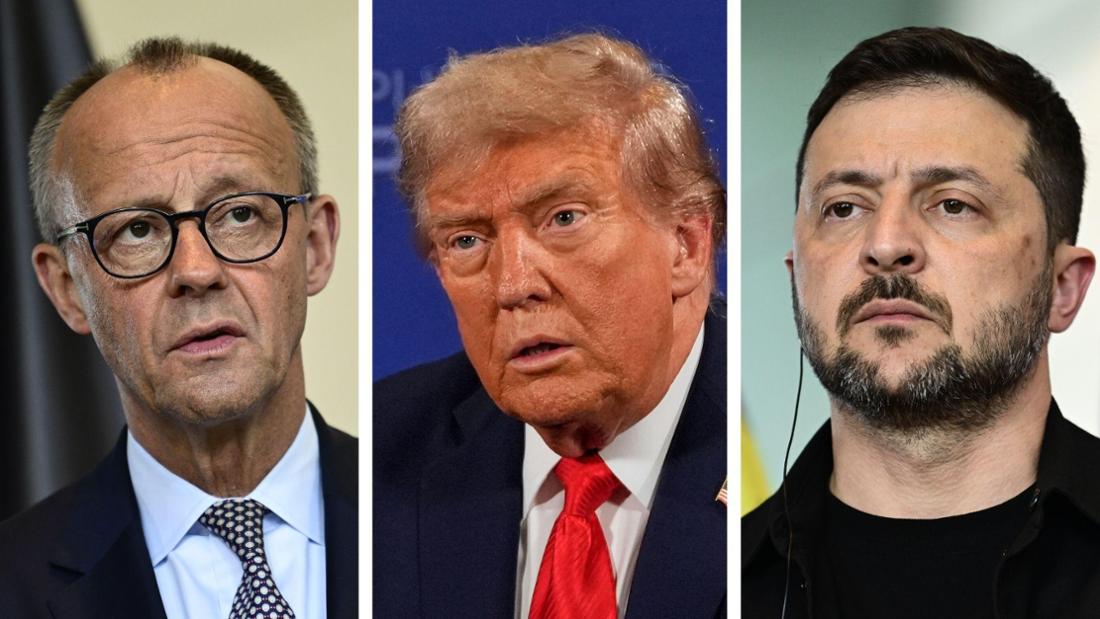 Donald Trump, Wolodymyr Selenskyj und Friedrich Merz