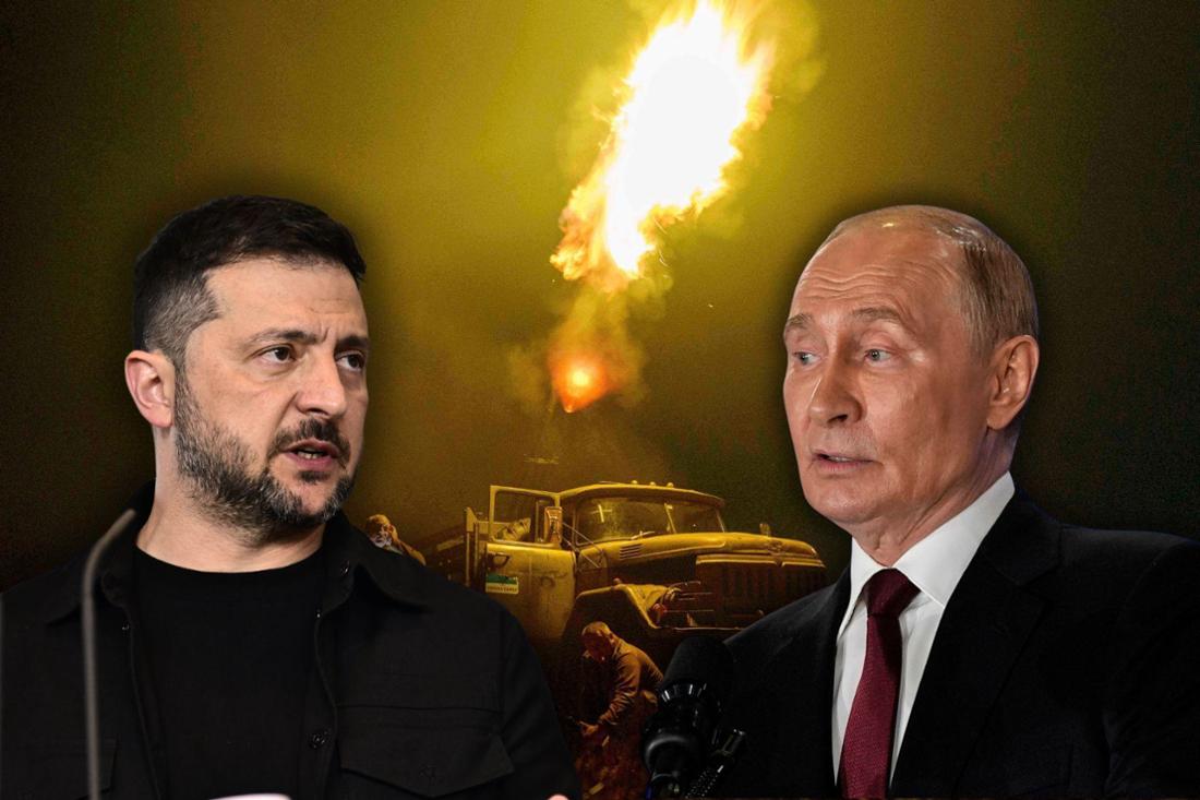 Wladimir Putin und Wolodymyr Selenskyj vor ukrainischen Truppen im Krieg.